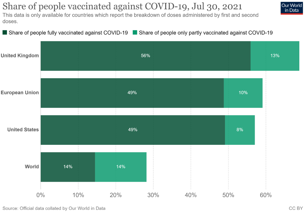 Data showing the share of people vaccinated against Covid 19, Jul 30, 2021.