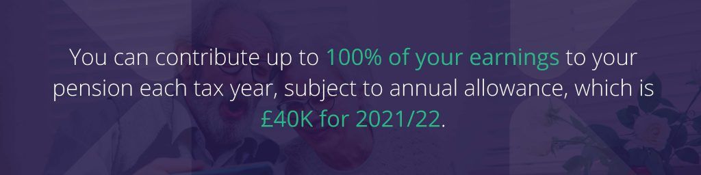 Text reads: "You can contribute up to 100% of your earnings to your pension each tax year, subject to annual allowance, which is £40k for 2021/22