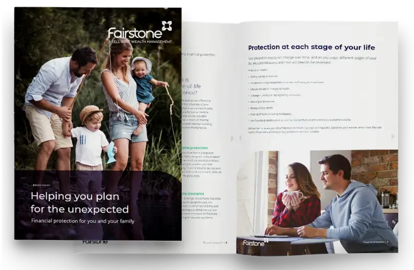 Cover of the Financial Protection brochure, detailing solutions to safeguard your income, family and assets through tailored protection plans.